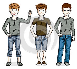Young teen boys cute children group standing wearing fashionable casual clothes.