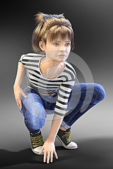 Young Teen Child CGI Character in action pose ready to run