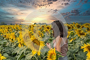 Young teen girl standing in field surrounded by sunflowers with beautiful sunset