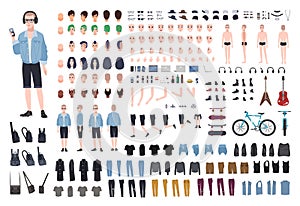 Young teenage boy DIY kit. Set of teenager`s body parts in different positions, various subcultures` attributes, clothes
