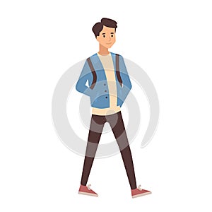 Young teenage boy dressed in casual clothes walking to school. Portrait of pupil, university or college student isolated