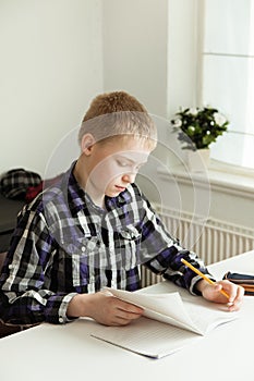 Young Teenage Boy Sitting at Desk Doing Homework