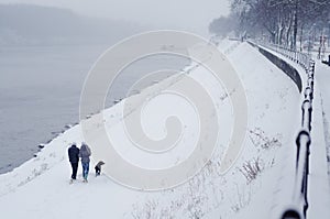 Young teenage couple and dog walking beside river in winter