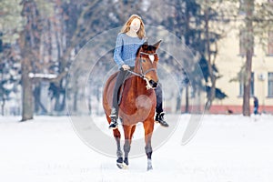 Young teenage girl with bay horse in winter park