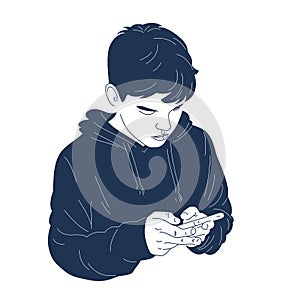 Young teenager boy uses his phone vector illustration isolated on white, phone or internet addiction concept, serious thinking