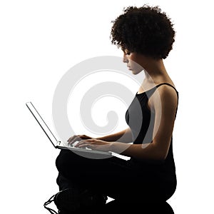 young teenager girl woman computer laptop shadow silhouette isol