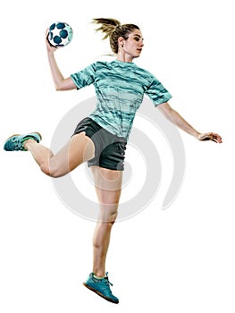 Young teenager girl woman Handball player isolated