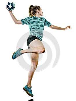 Young teenager girl woman Handball player isolated