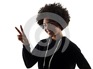 Young teenager girl woman peace sign gesture shadow silhouette i