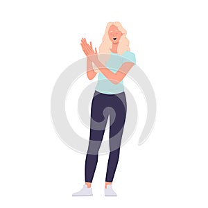 Young teenager woman cartoon character clapping hands applauding for congratulations on white