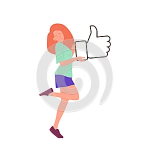 Young teenager woman cartoon character holding thumbsup giving positive feedback isolated on white
