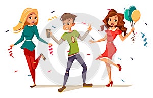 Young teens dancing at party illustration of cartoon boys and girls kids characters celebrating birthday or holiday