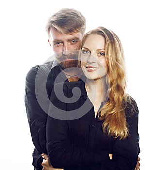 Young tender couple, man and woman in love isolated on white close up kissing smiling fooling around