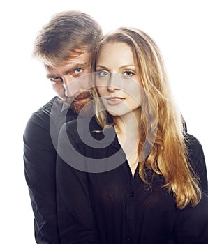 Young tender couple, man and woman in love isolated on white close up kissing smiling fooling around