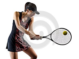 Young tennis player asian woman isolated white brackground silhouette