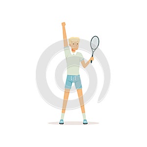 Young tennis player standing with racket in hand. Cartoon man character. Summer olympic sport. Isolated flat vector