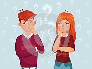 Young thinking couple. Confused teenagers, worried thoughtful students and teenager think cartoon vector illustration photo