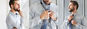 Young thoughtful businessman adjusting his neck tie in office