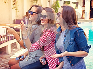 Young three girls laughing and having fun