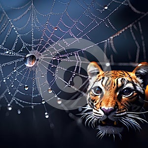 A young tiger cub staring at a huge dewdrop with his reflection on a spider web with dew drops
