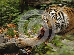 A young tiger from Siberia is eating a meat.
