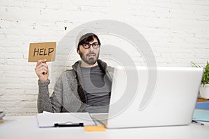 Young tired hispanic hipster businessman busy asking for help suffering stress