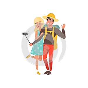 Young tourist couple taking selfie using selfie stick, man and woman traveling together during summer vacation vector