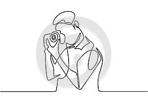 Young tourist man photographer with a camera takes pictures. Taking natural view. Photography concept vector minimalist design.