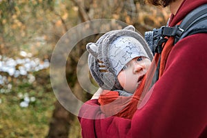 Young traveler baby boy in ergonomic baby sling in autumn nature
