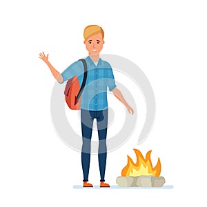 Young traveler man occupy an active rest, obtains fire.