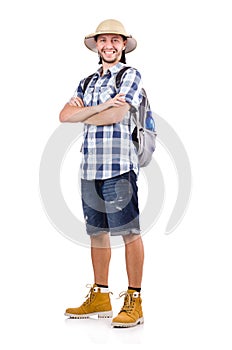 Young traveler with rucksack isolated on the white