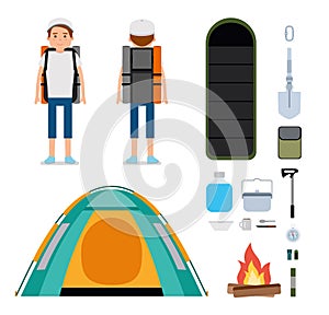 The young traveler. Set of Camping icons and elements.