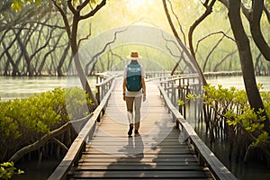 Young traveler walking on wooden path in the mangrove forest.