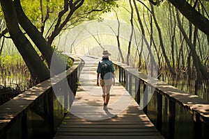 Young traveler walking on wooden path in the mangrove forest.