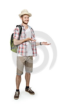 Young traveling man presenting
