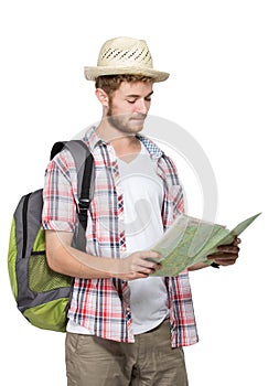 Young traveling man reading map