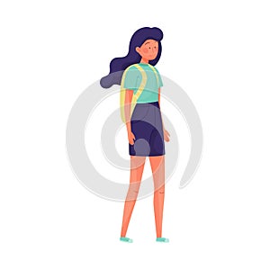 Young Traveling Woman Wearing Shirts Standing with Backpack Vector Illustration