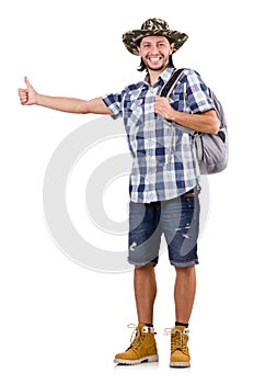 Young traveller with backpack hitchhiking isolated