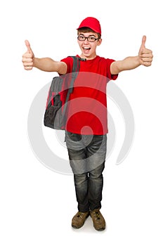 The young traveller with backpack isolated on