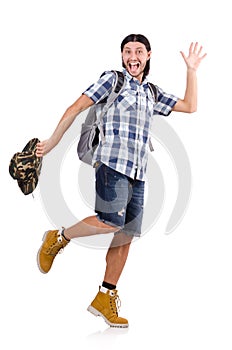 Young traveller with backpack isolated on white