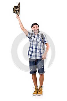 Young traveller with backpack isolated on white