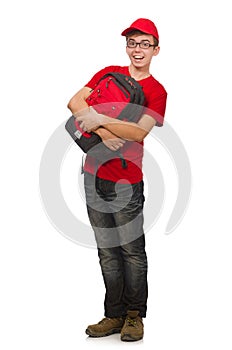 Young traveller with backpack isolated on white