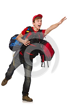 Young traveller with backpack isolated on white