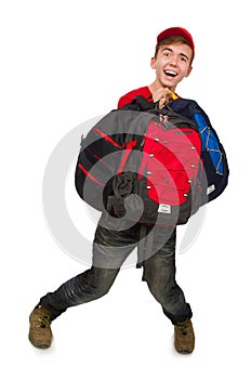 Young traveller with backpack isolated on white