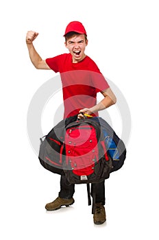 Young traveller with backpack isolated on white