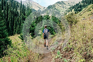 Young traveller with backpack on track in magic mountain forest