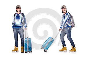 The young traveller with travel case isolated on white