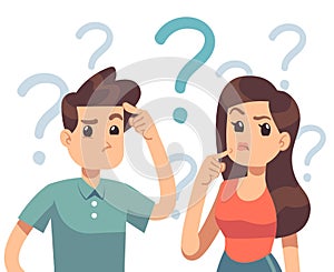 Young troubled couple. Confused woman and man thinking together. People with question marks vector illustration