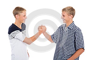 Young twin brothers shake hands
