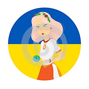 Young ukrainian girl holds a small planet in her arms and proctect it on the blue and yellow background; Ukrainian flag